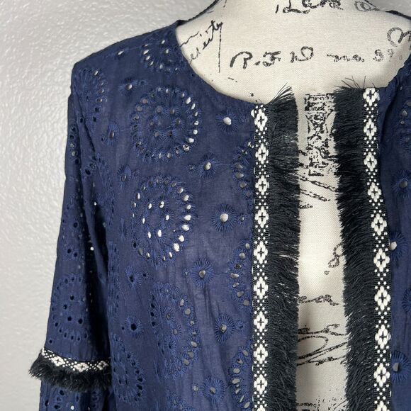 Suzanne Betro Sz L Navy, Black, and White Cutout Open Cardigan Jacket Fringe - Picture 3 of 8